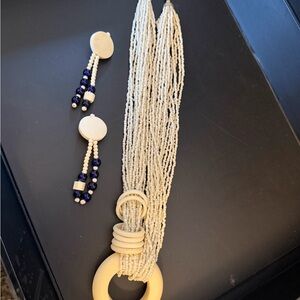 Bohemian Cream Glass SeaBead Bone Pendant Necklace & Bone & Glass Clip Earrings
